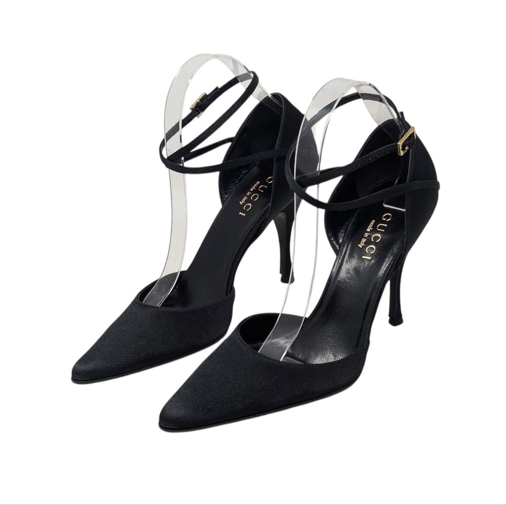 Gucci Black Satin Strappy Pointed Dress Up Evening Heels Stiletto Size 9B - Picture 4 of 14